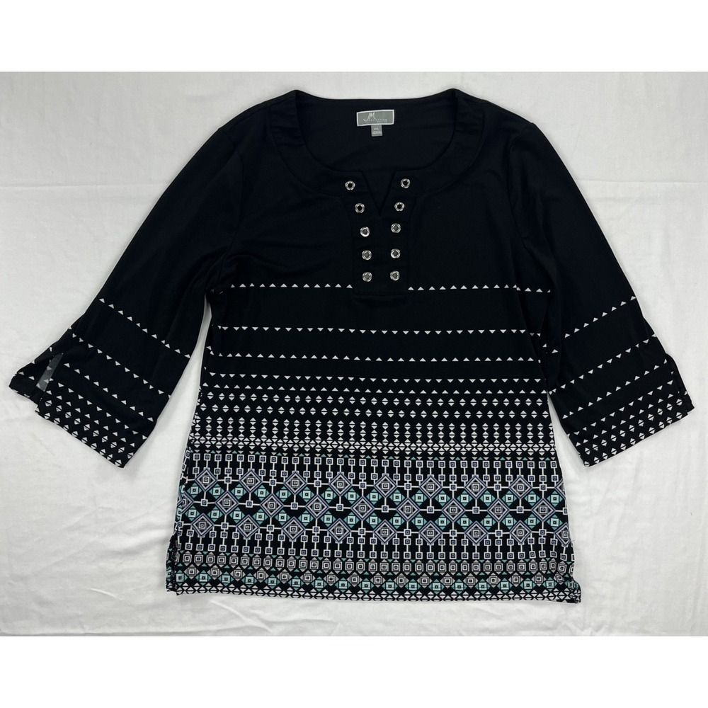 JM Collection Petite Black White Geometric Print Grommet Neck 3/4 Sleeve Top L